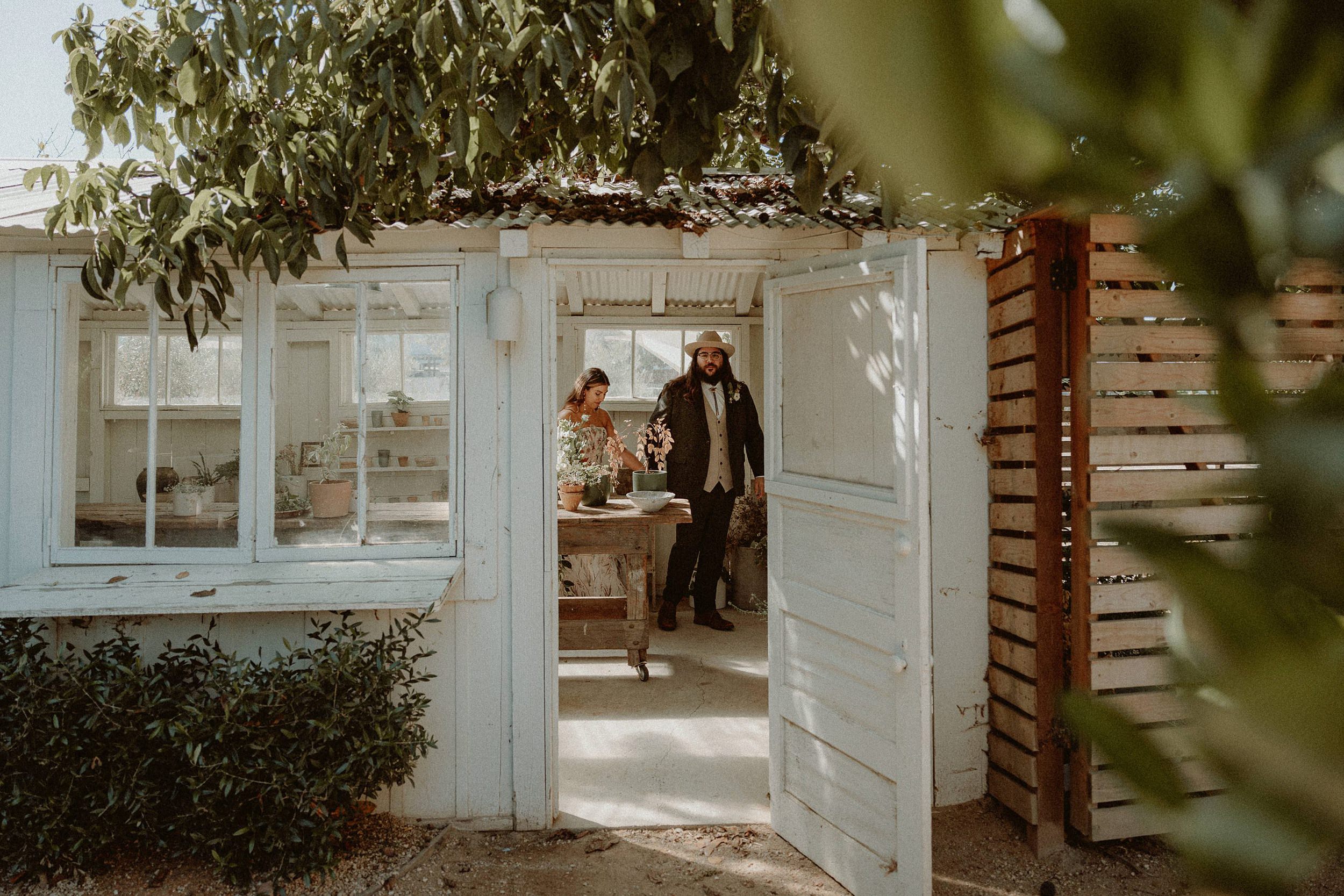 greenhouse portrait of bride and groom