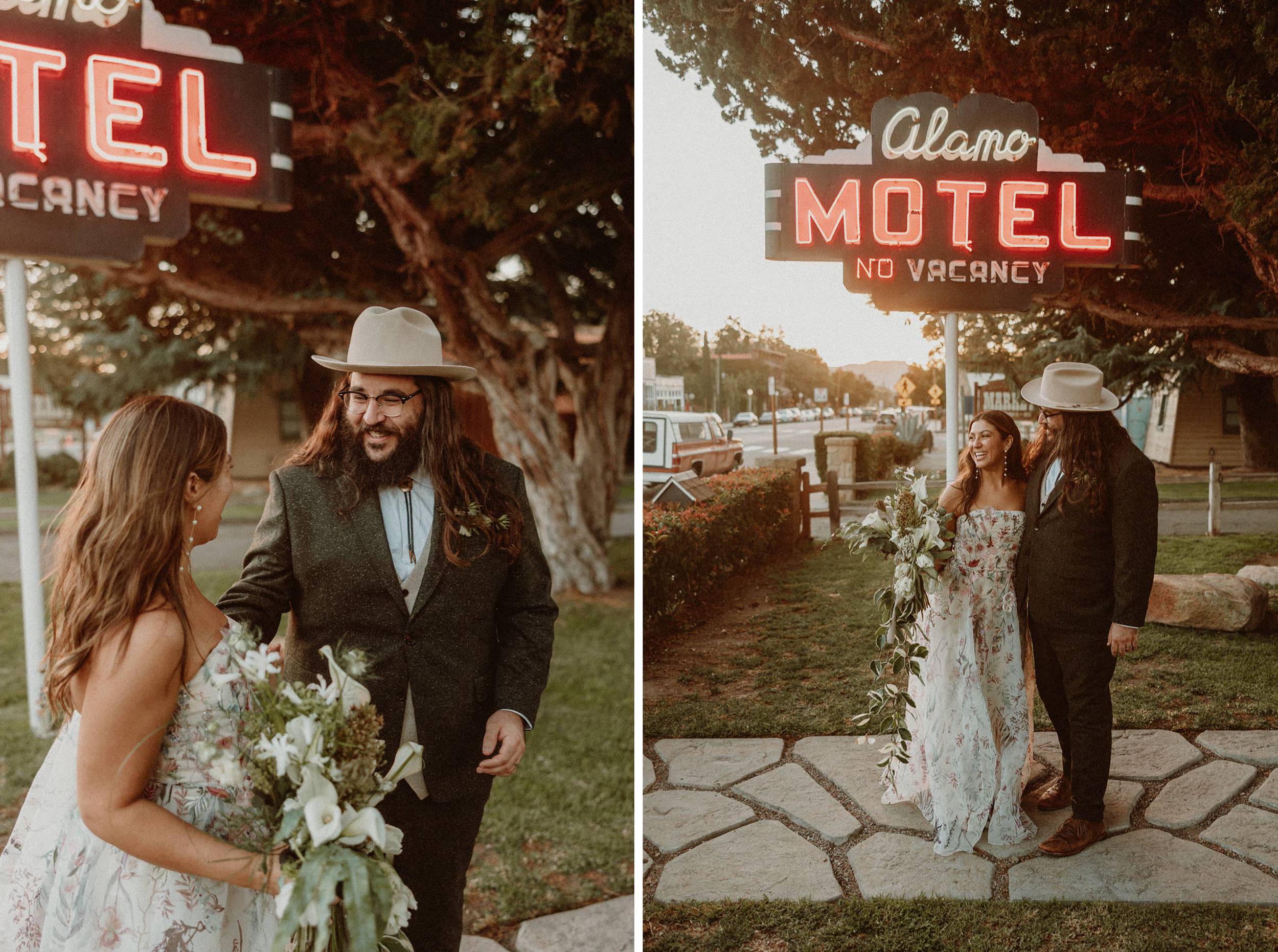 alamo motel wedding photos with bride and groom