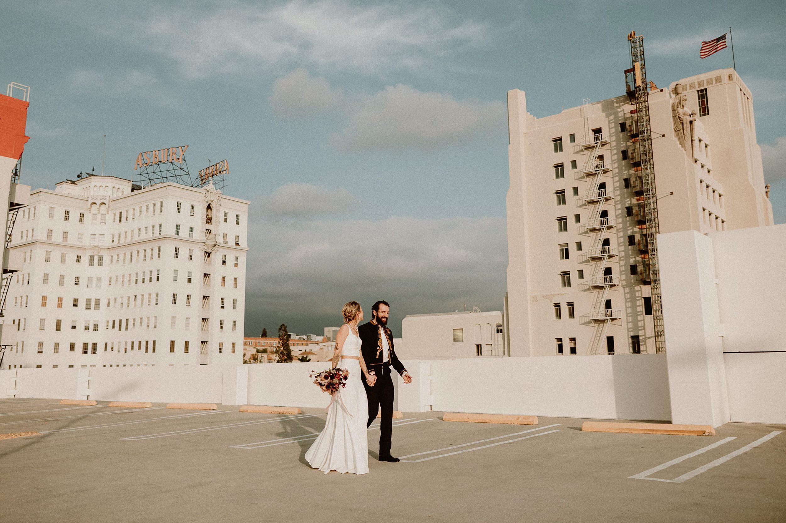 Carondelet House Wedding in Los Angeles Rooftop Couples Photos